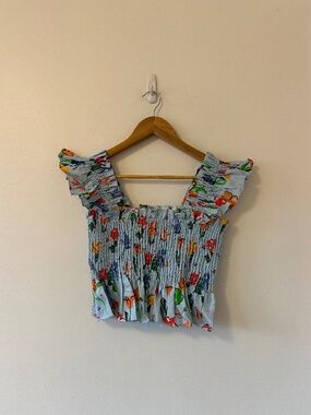 NWT Hill House Ellie Crop Top in Light Blue Space Floral Linen | Size Large